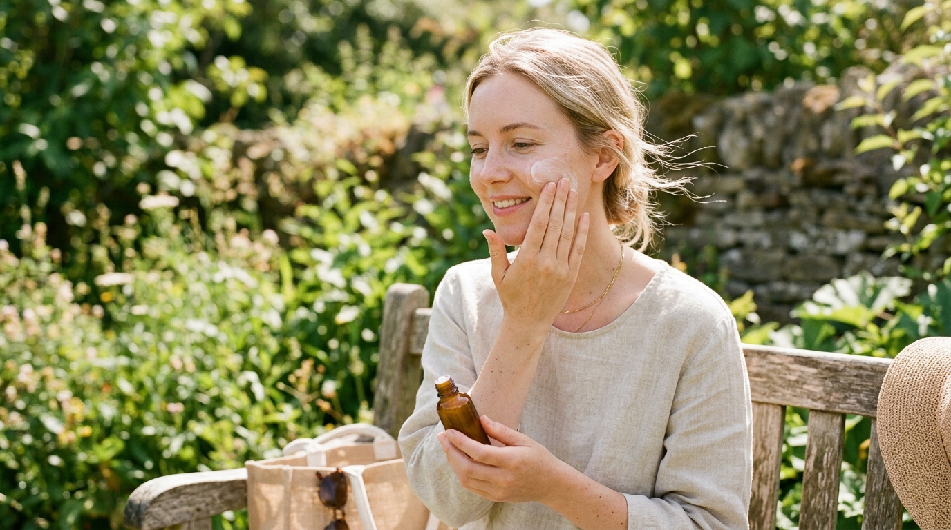 Applying mineral sunscreen to sensitive skin outdoors