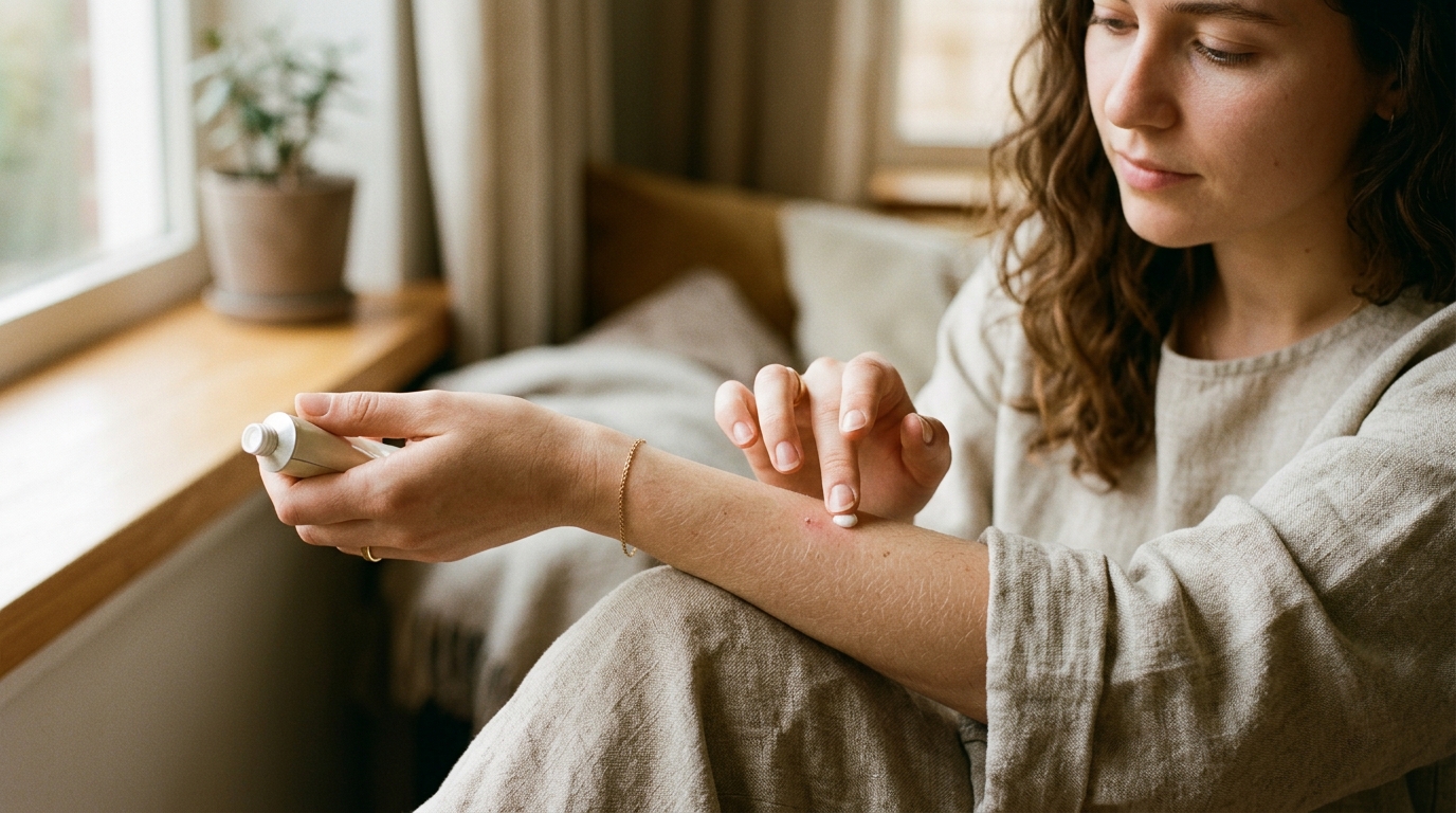 Dabbing anti-itch cream onto an insect bite on the forearm