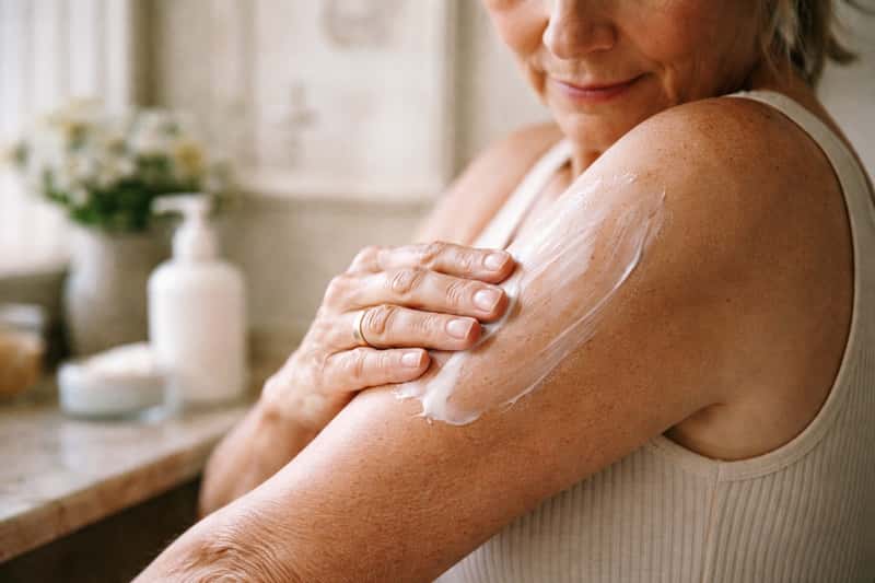 Close-up of hands applying rich cream to forearm skin Close-up of hands applying rich cream to forearm skin showing fine wrinkles and texture, morning light highlighting skin surf