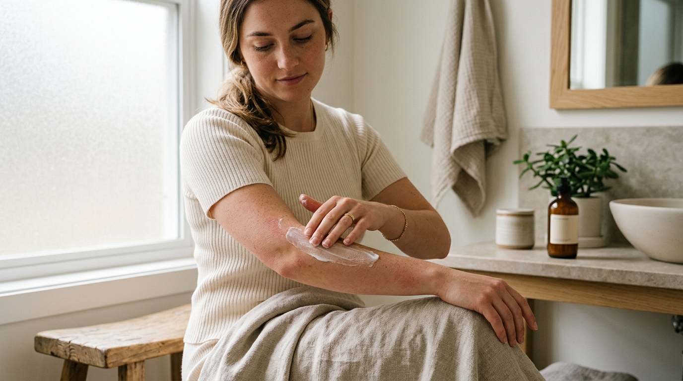 Applying emollient lotion to dry forearm skin