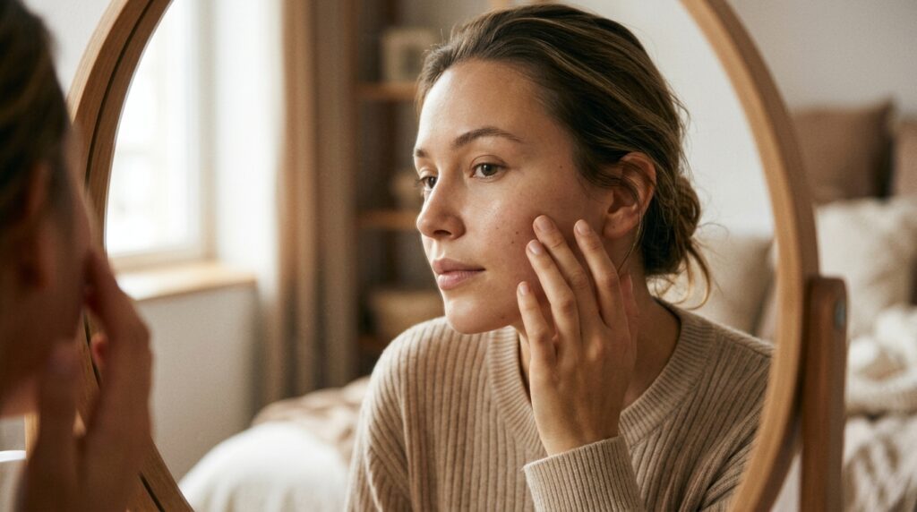 Examining facial skin and cheeks in a mirror