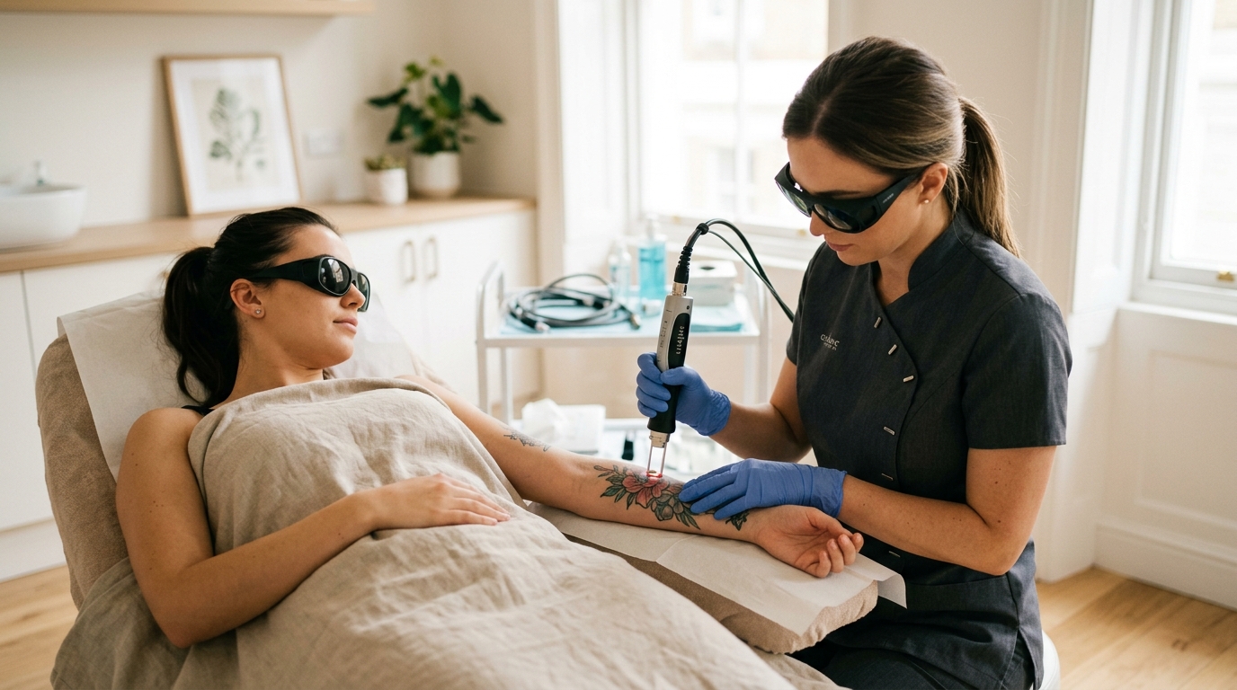 Laser tattoo removal session in a UK clinic