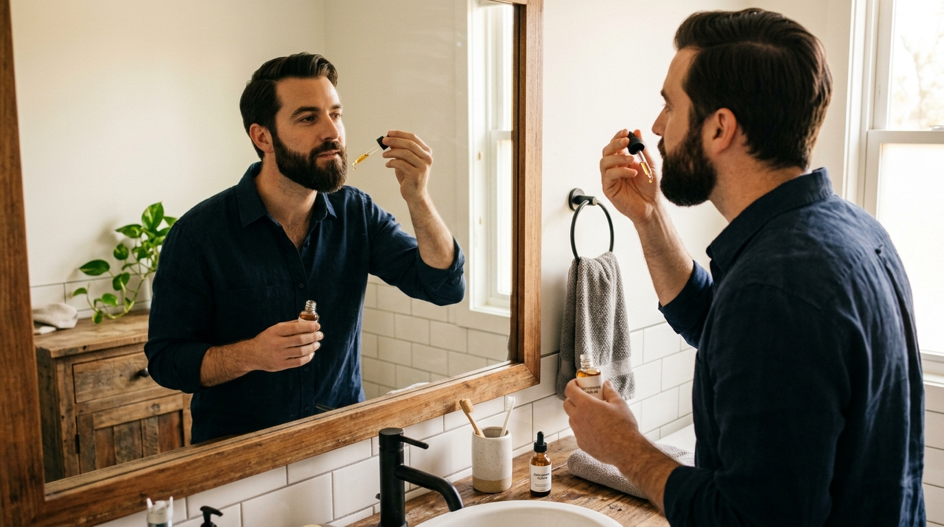 Man applying grooming serum to his beard in the mirror