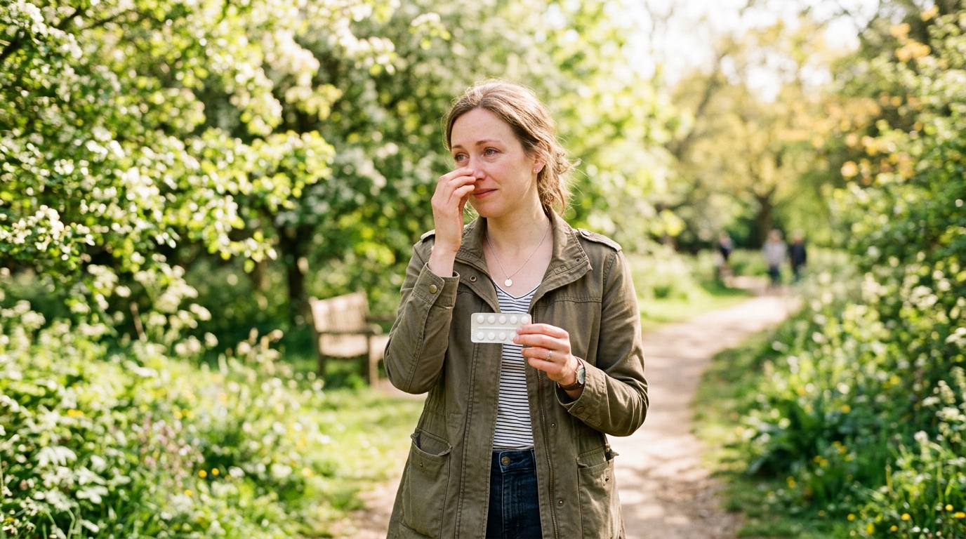 Person with mild hay fever holding allergy tablets in a park