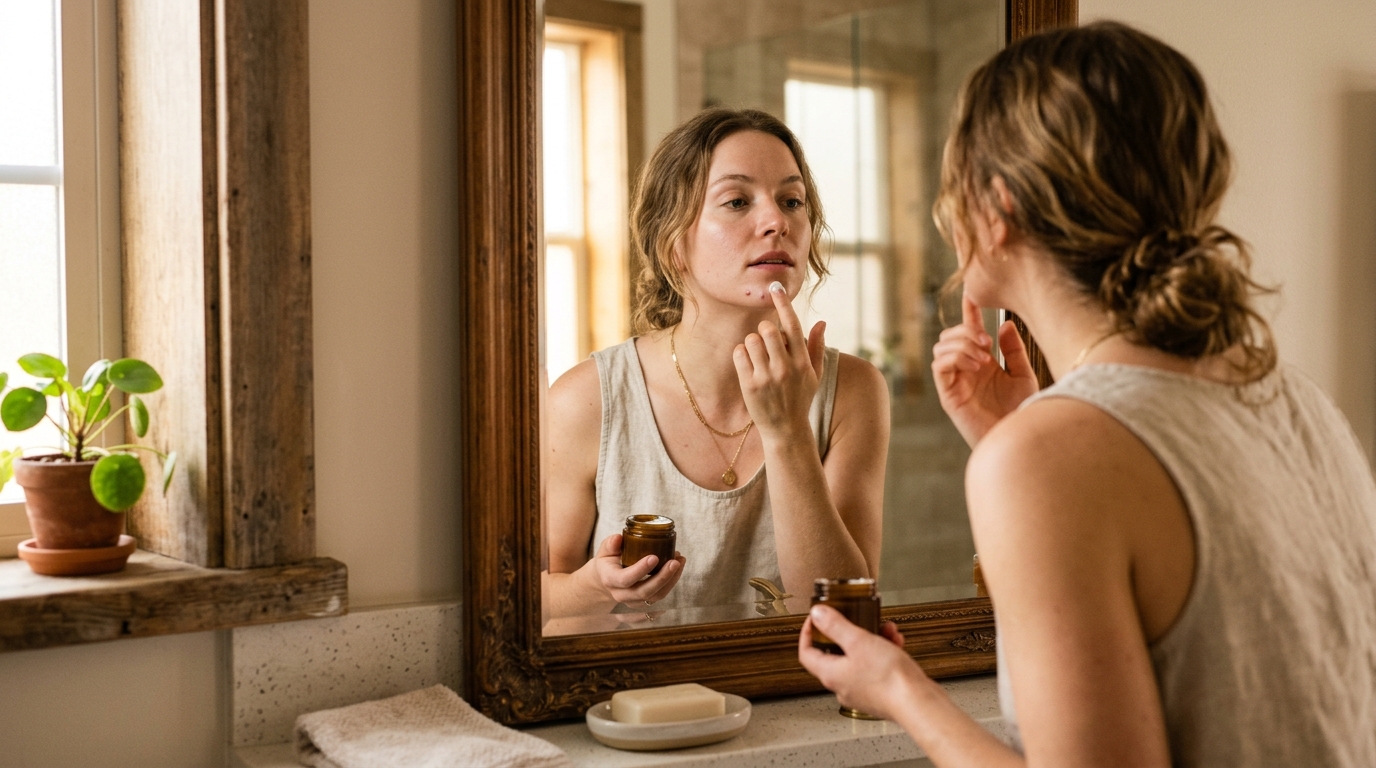 Dabbing soothing cream onto a single spot in the mirror
