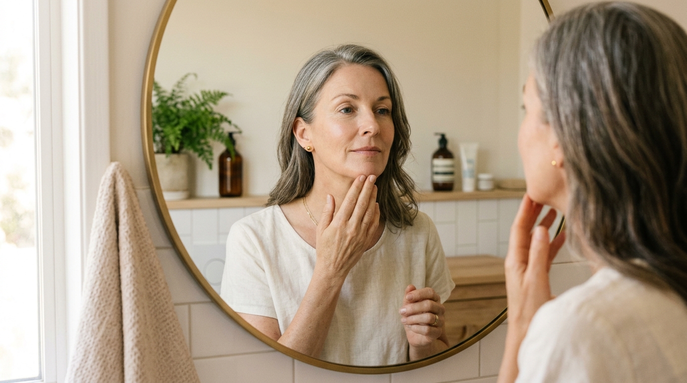 Woman in her 50s checking her jawline in the mirror