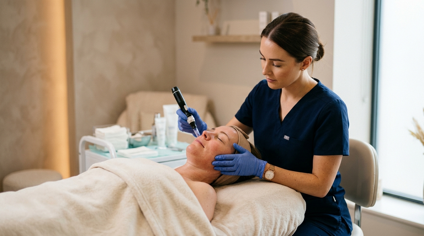 Microneedling treatment with a derma-pen in a UK clinic