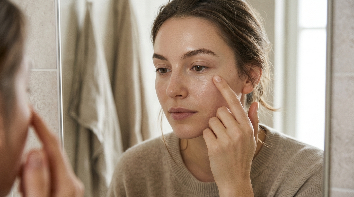 Woman examining the skin under her eye in a mirror