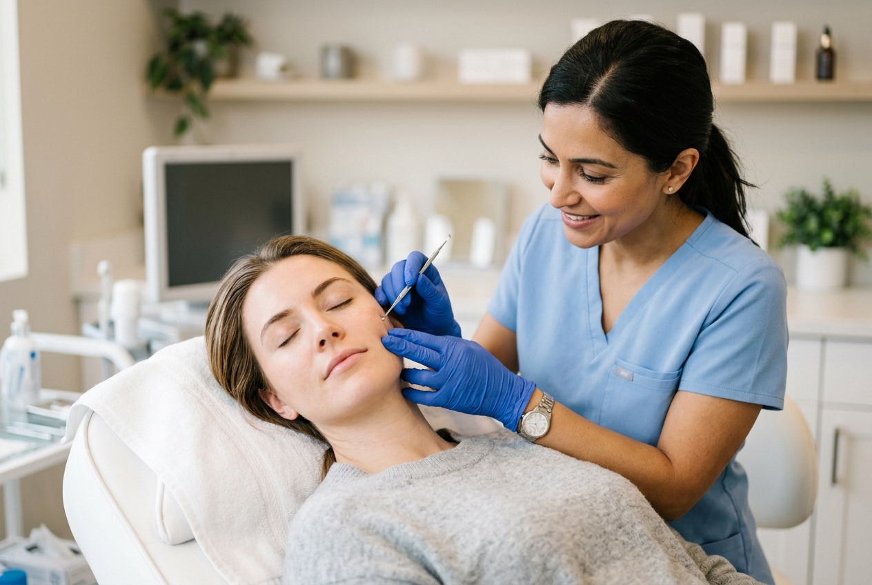 Dermatologist removing milia with a sterile tool in a clinic
