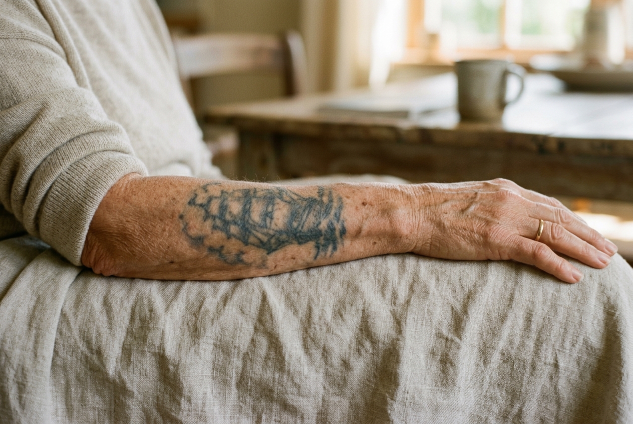 A faded older tattoo on a forearm being considered for removal