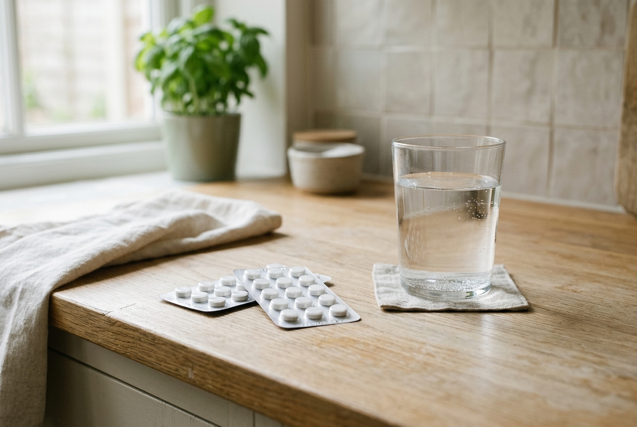 Two blister packs of antihistamine tablets beside a glass of water