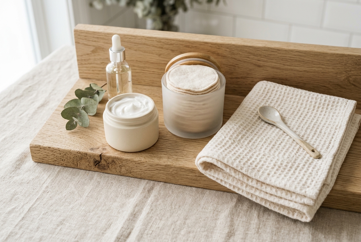 A pot of thick white cream and cotton pads on a bathroom shelf