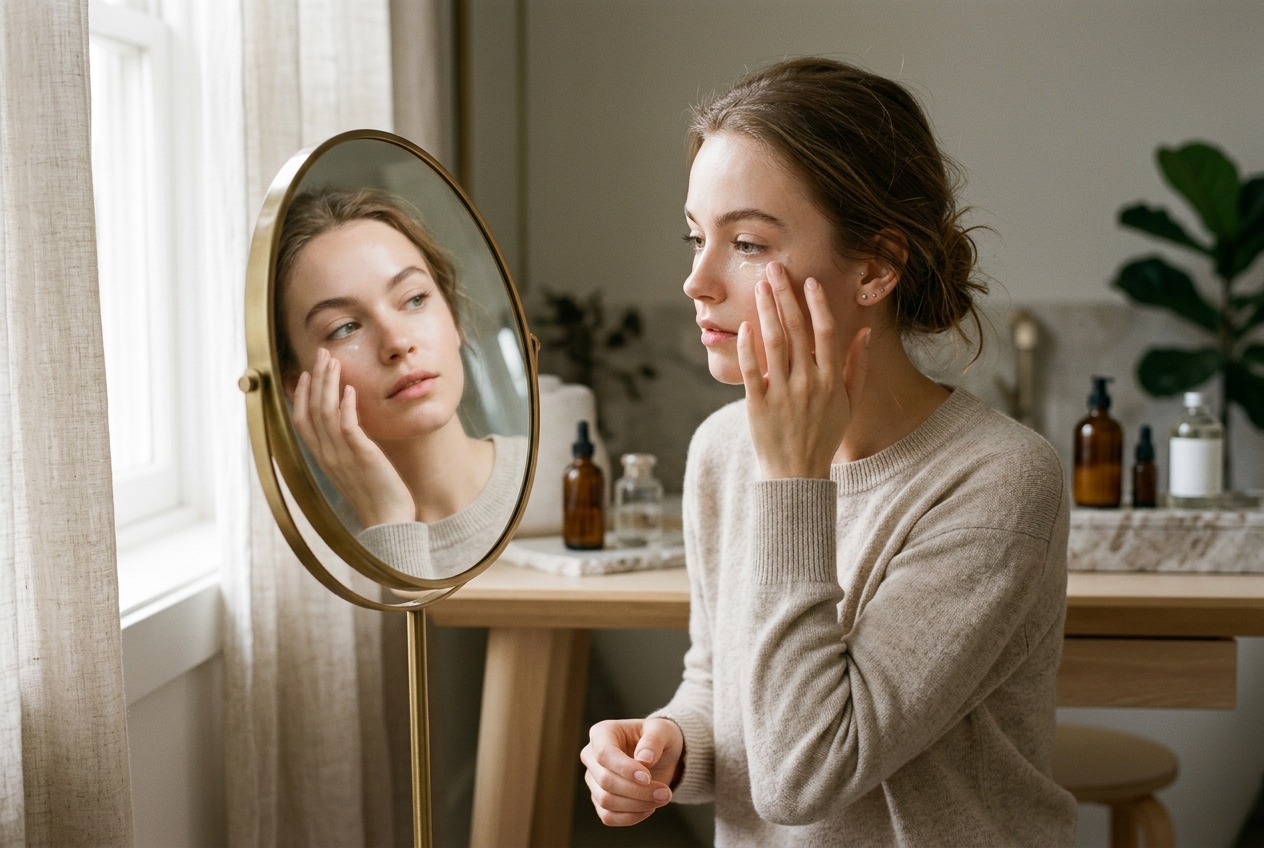 Woman applying eye cream under her eye in a mirror