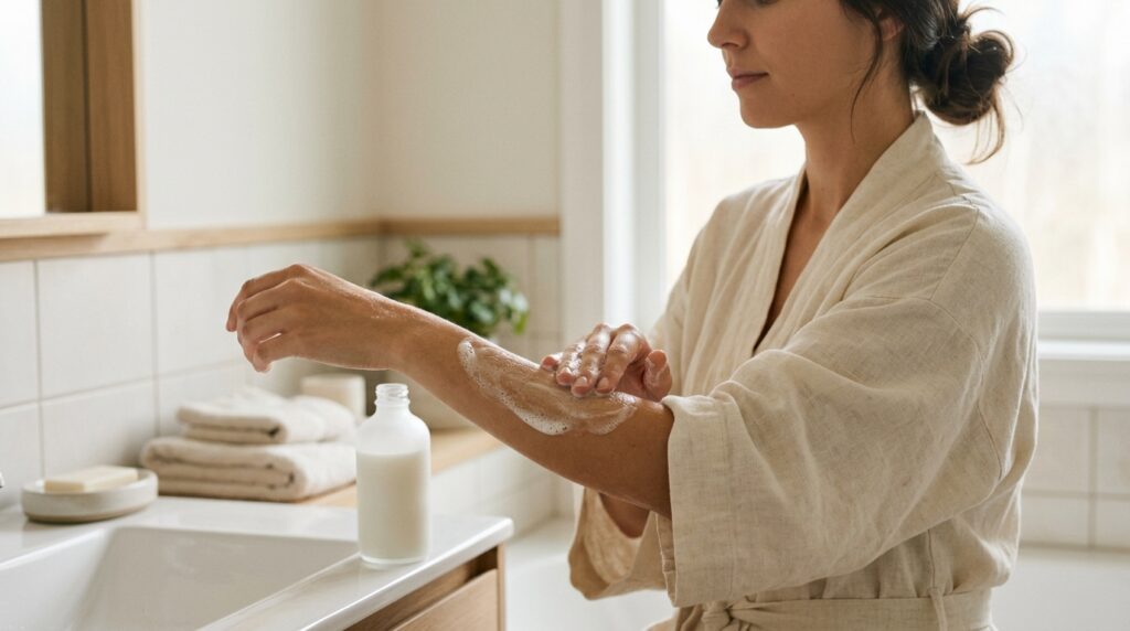 Washing the forearm with a gentle emollient body wash