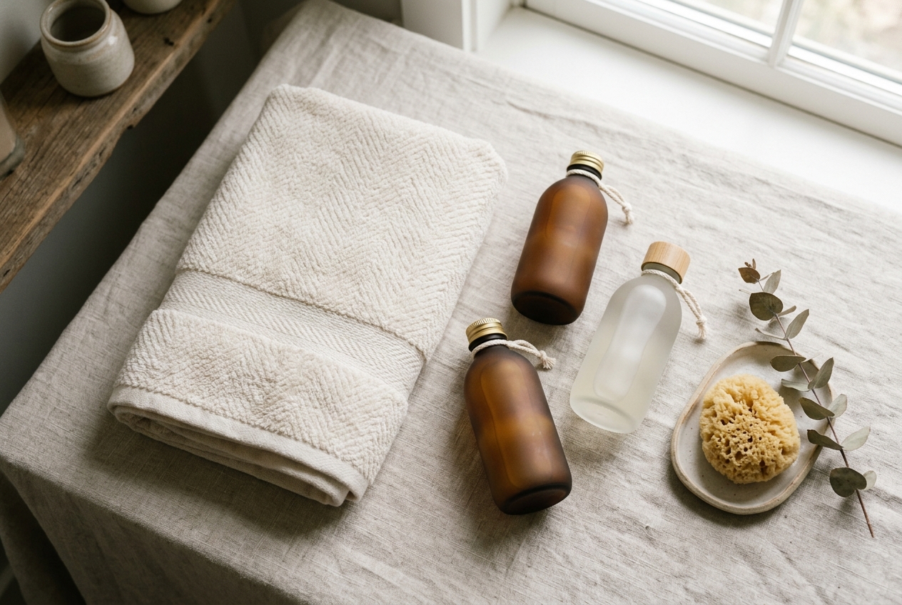 Soap-free emollient body washes on a bathroom shelf