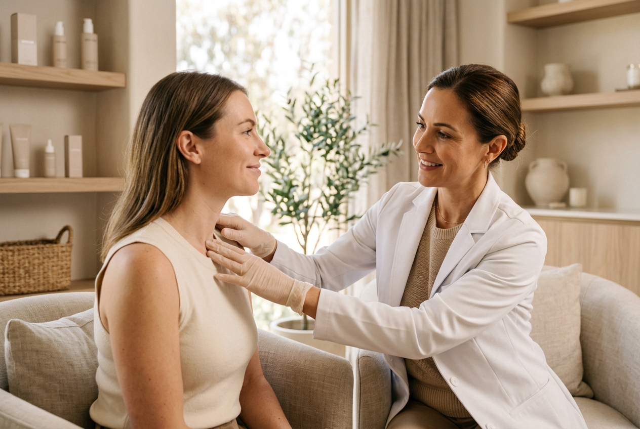 Dermatologist examining a patient's skin during a clinic consultation