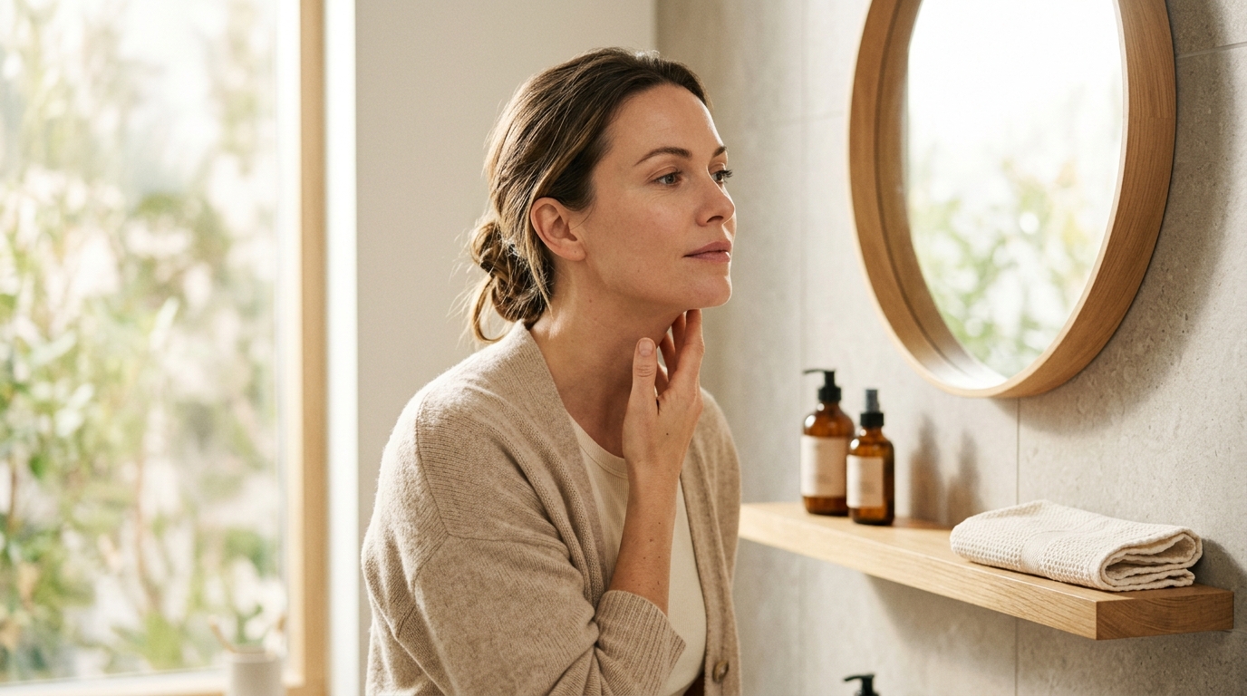Woman checking her neck and jawline in a bathroom mirror