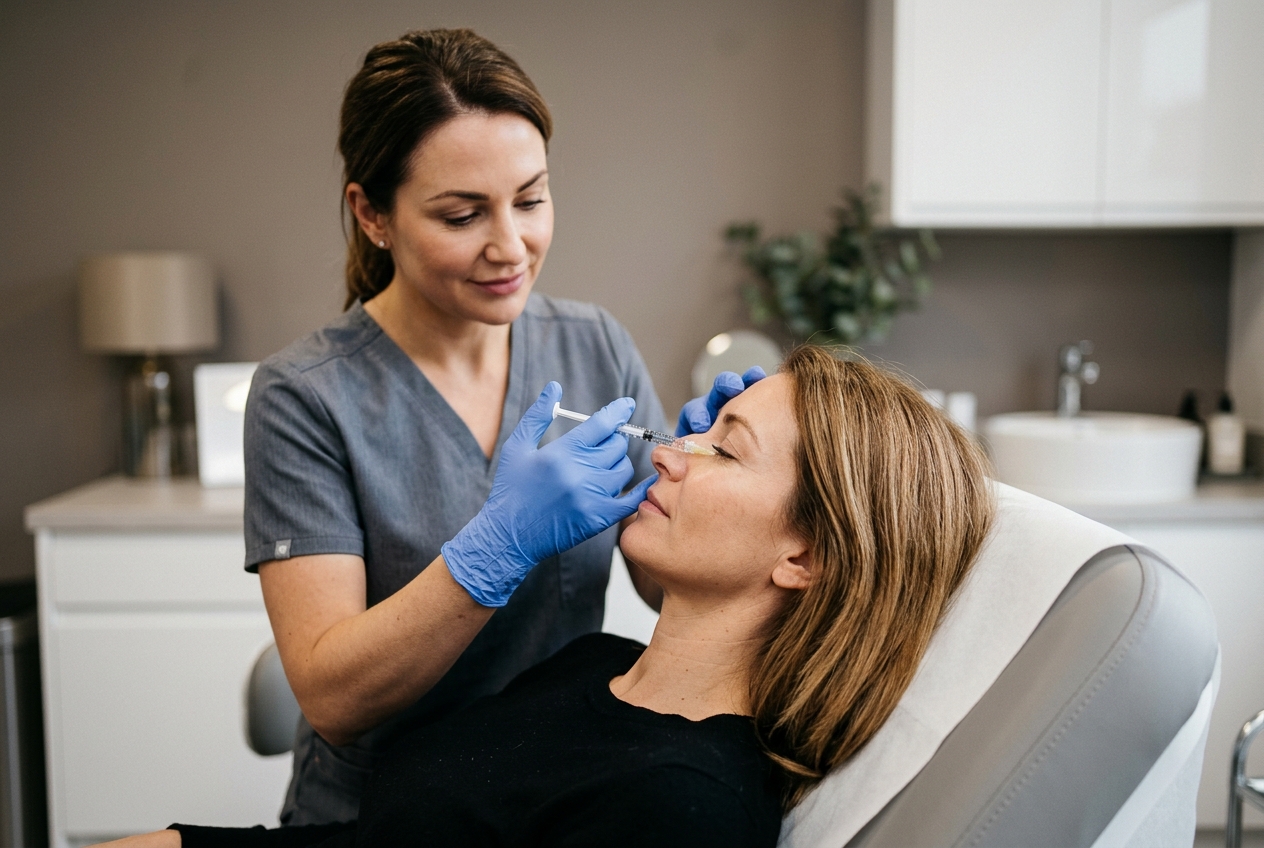 Aesthetic doctor performing under-eye tear trough filler in a UK clinic