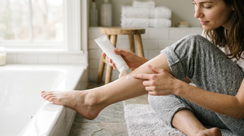 Applying antifungal cream to the lower leg