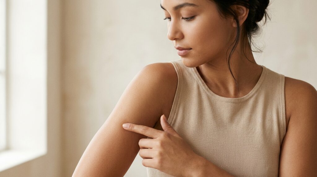 Checking even-toned skin on the upper arm